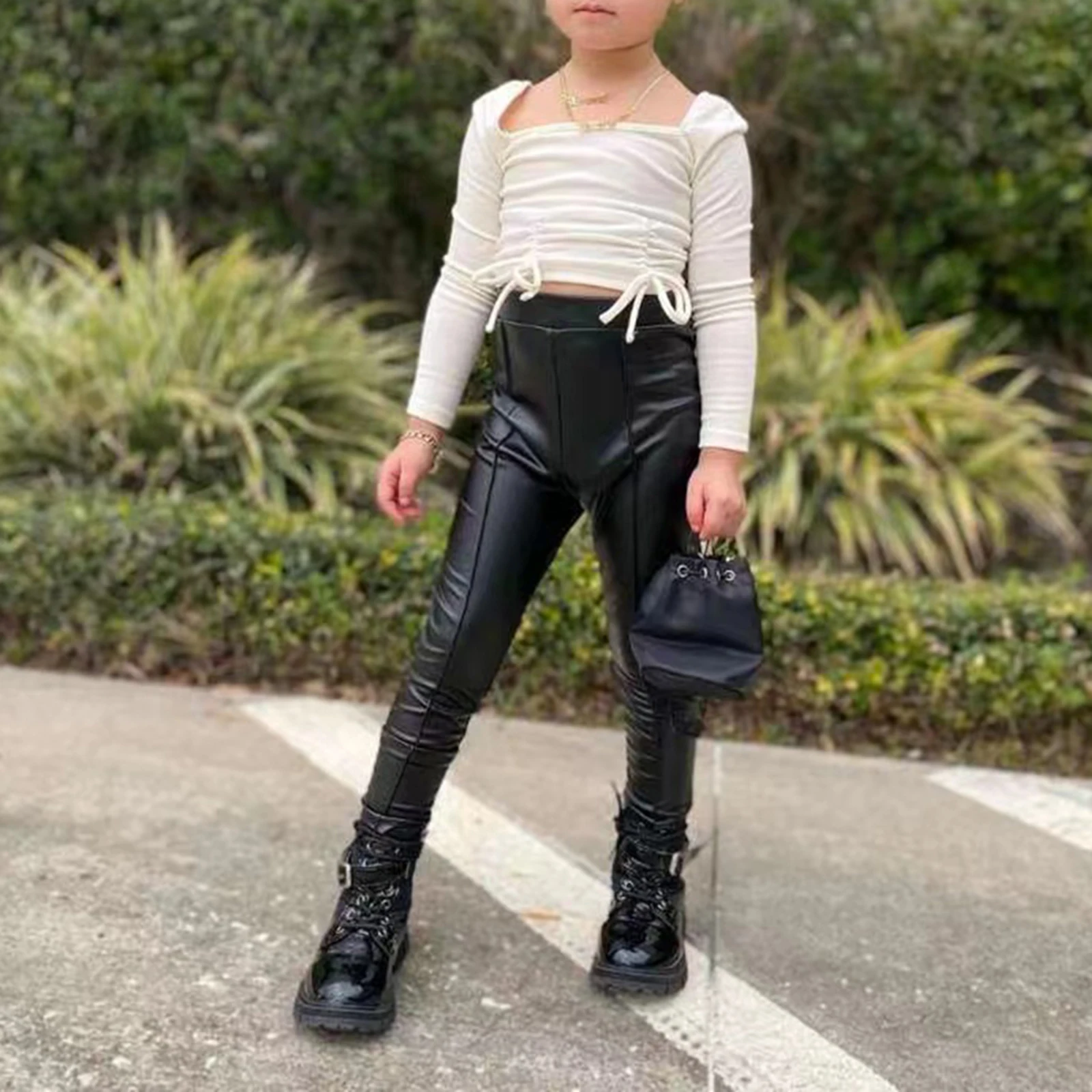 

Toddler Girls 2Pcs Fall Outfits Long Sleeve Ruched Drawstring Tops + Leather Pants Set 1-6 Years Fashion Soft And Comfortable
