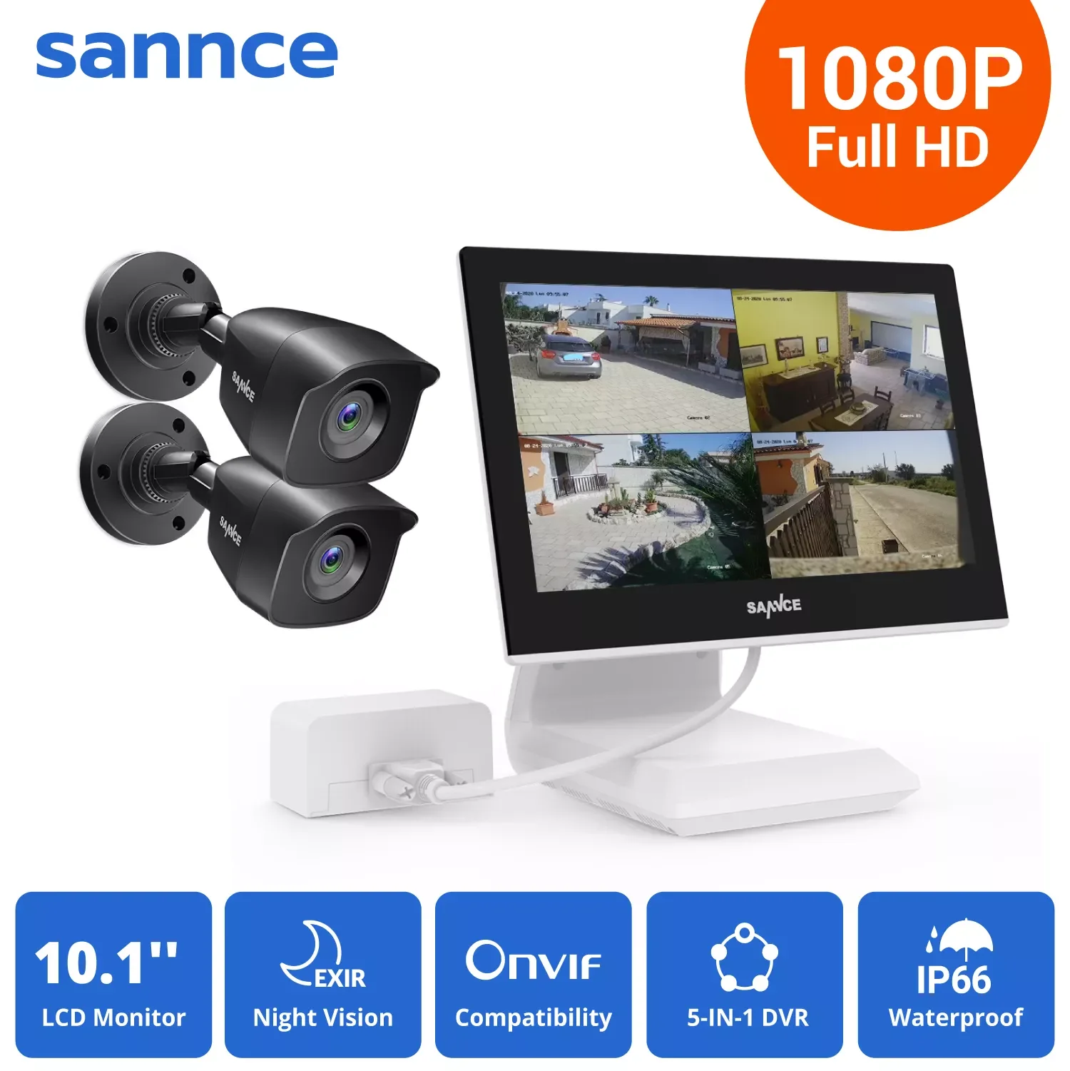 

SANNCE 10"1 LCD Monitor 5in1 4CH DVR with 2PCS 1080P CCTV IP66 Waterproof Indoor Outdoor Security Bullet Camera System
