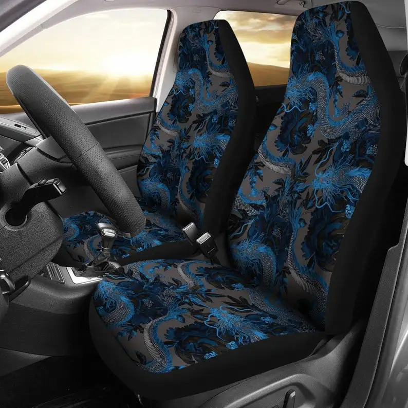 

Dark Grey Blue Dragon Car Seat Covers Pair, 2 Front Seat Covers, Car Seat Protector, Car Accessories