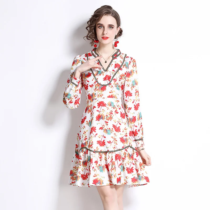 

Runway Sweet V Neck Ruffles Long Sleeve Summer Spring Boho Dress Elegant Design Floral Print Chic Tunic Ins Mini Sundress