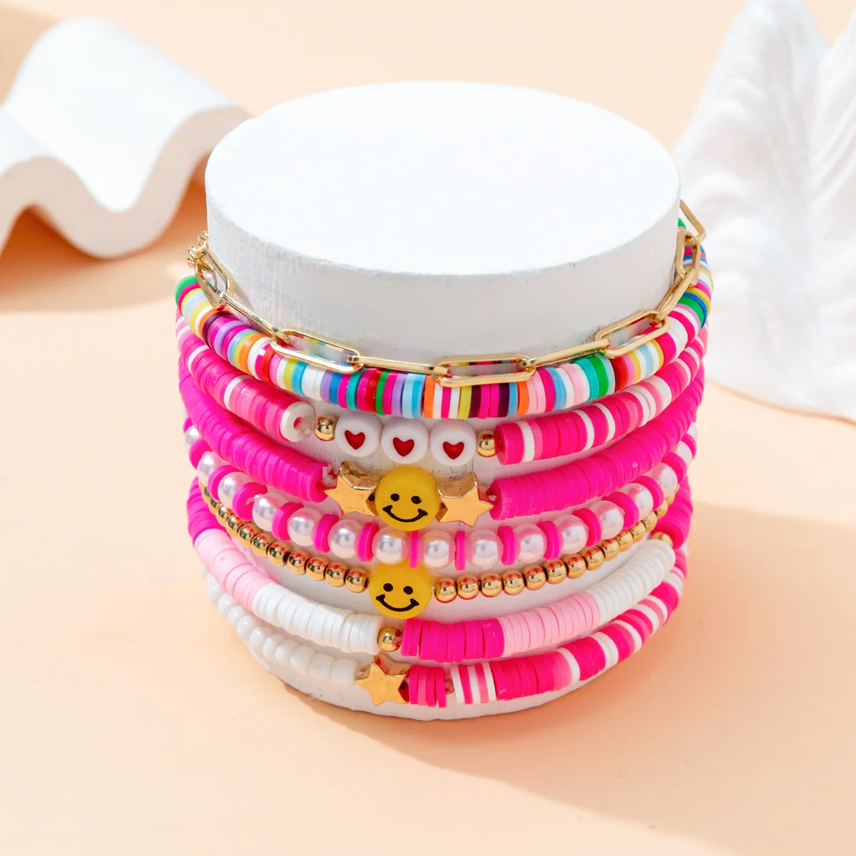 

8pcs/Soft Pottery Bracelet Set Y2K Jewelry Boho Bracelet Set Color Soft Pottery Smile Heart-Shaped Pearl Jewelry For Women Gift