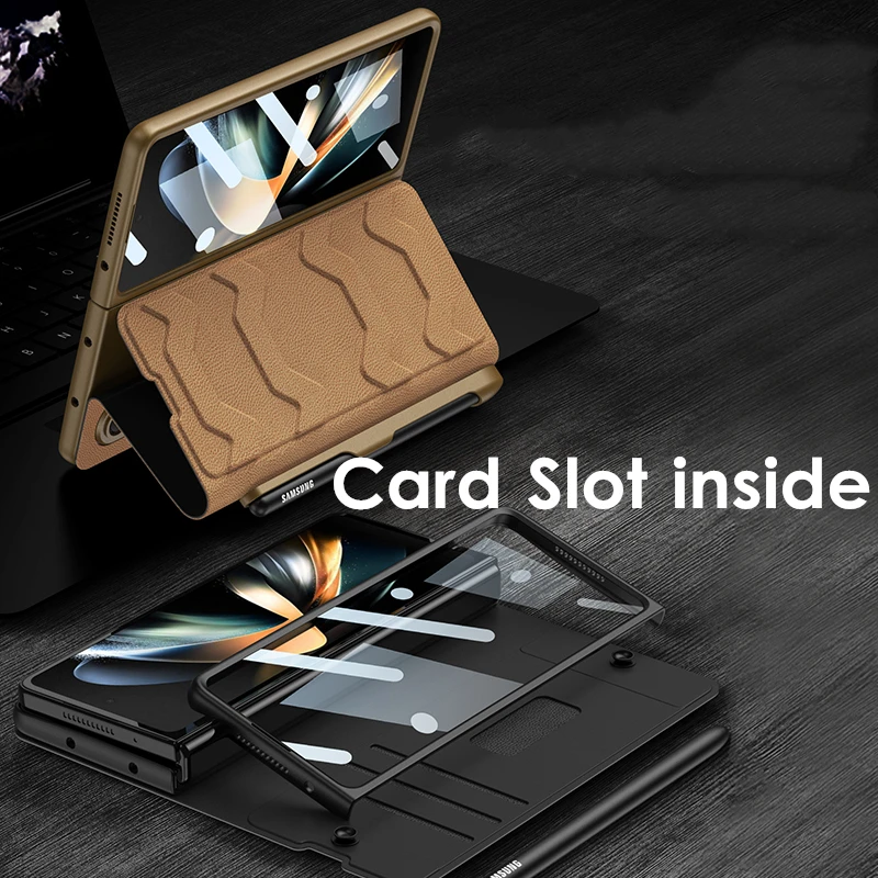 Leather Flip Cover for Samsung Galaxy Z Fold 4 Case With S Pen Slot Card Slot Front Glass Case 360 Full Protection ( NO S Pen)
