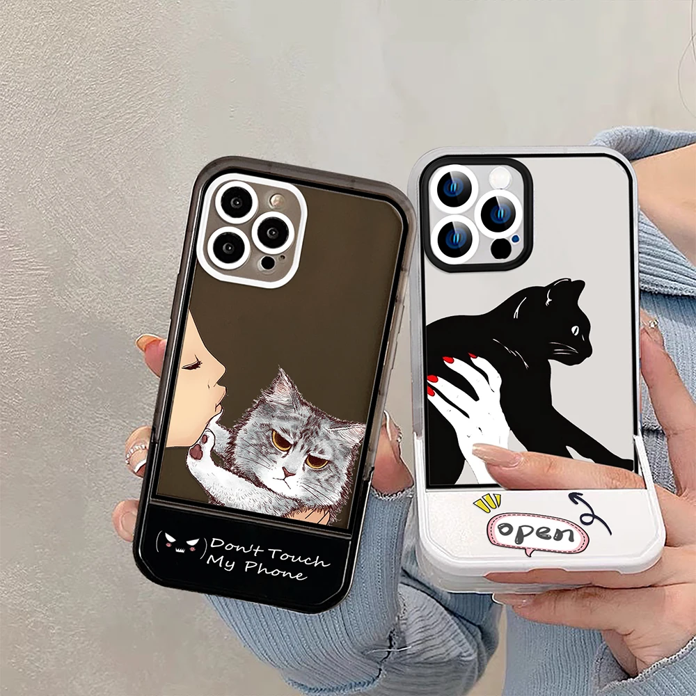 

Cartoon Cute Cat Stand Holder Case for iPhone 14ProMax 14Plus 13 12 11 Pro Max Soft Silicone Carcasa Transparent Back Cover