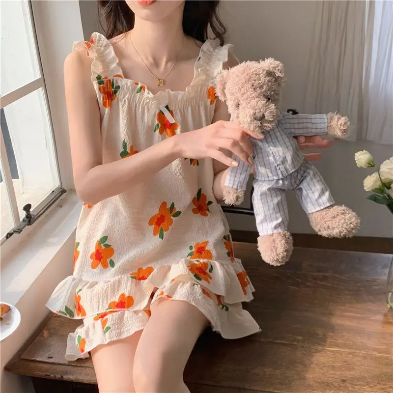 

Floral Print Sleepwear Women Pajamas Shorts Sets 2 Piece Summer Pijama Korean Loungewear Spaghetti Strap Home Clothes Night Wear