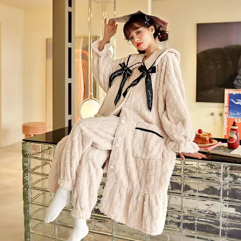 New Winter Pyjamas Sets Women Hooded Cute Long Ears Thick Warm Flannel Homewear Female Cartoon Nightgown Suit Pijama Mujer