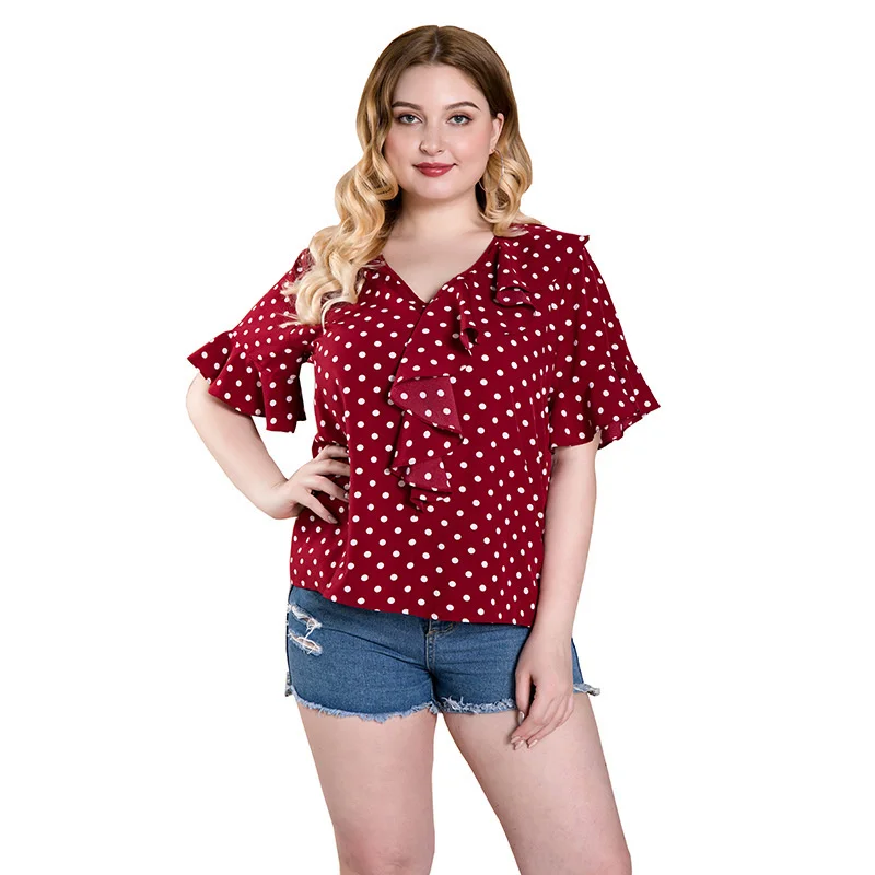 

Plus size Early Red Polka Autumn Dot Top Large Women's Loose Xl-4xl Pullover Casual Women's Dress Ruffle Fat Mm