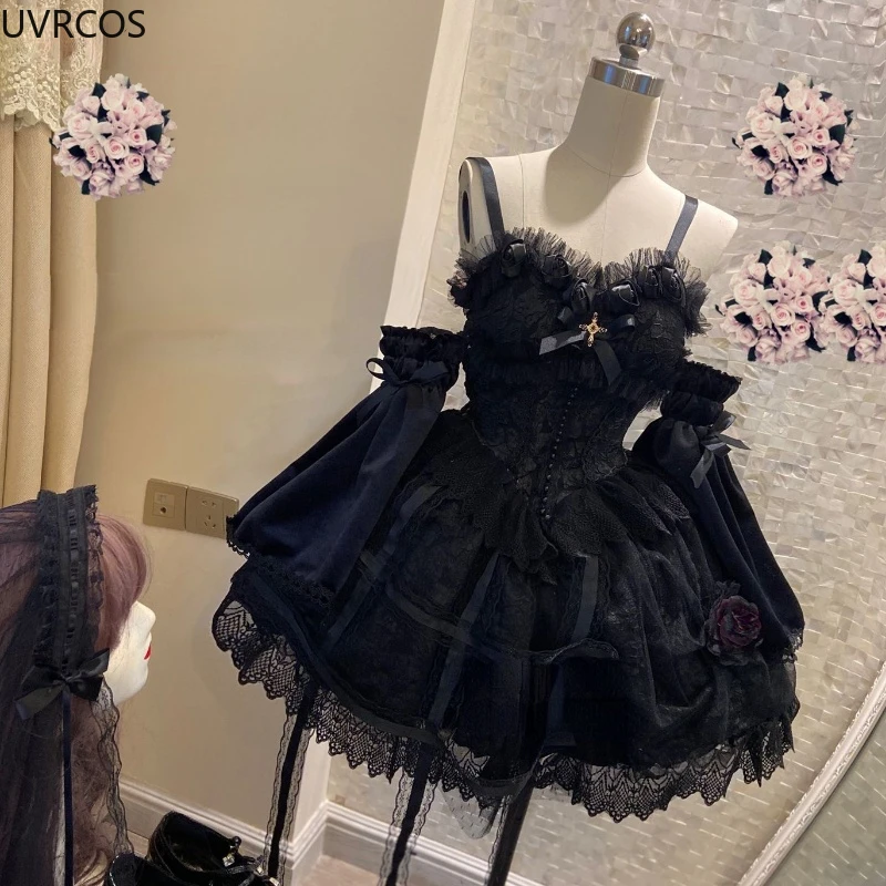Japanese Victorian Gothic Lolita Dress Vintage Girl Sweet Lace Rose Elegant Princess Holiday Party Dresses Women Dark Slip Dress images - 6