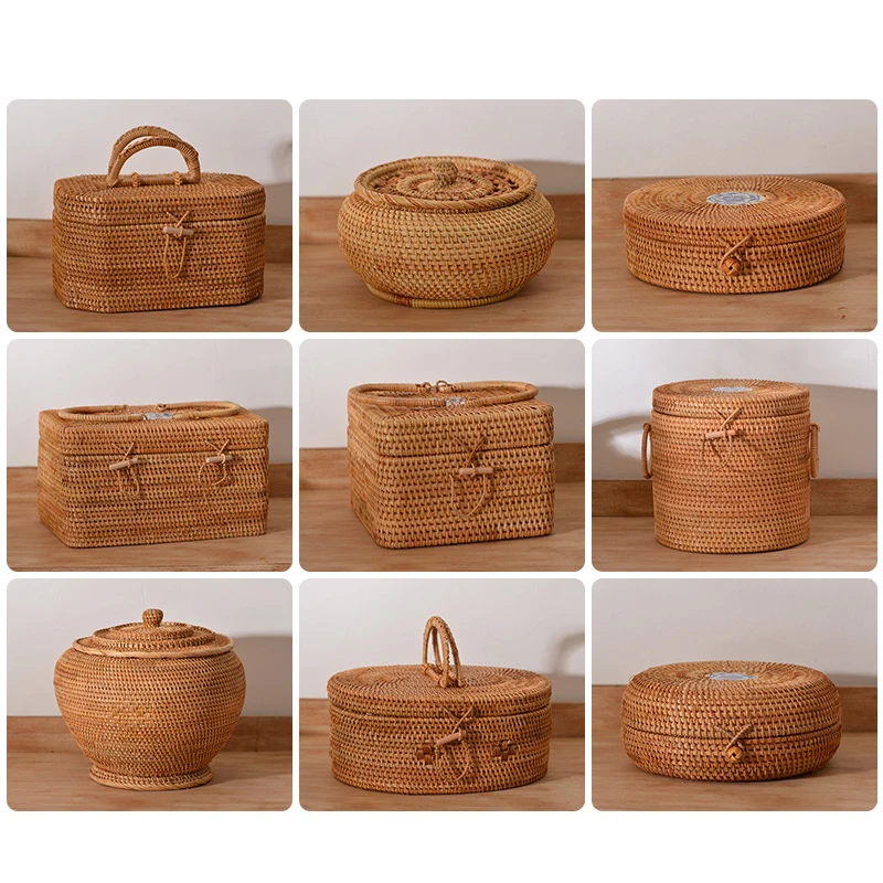 

Baskets Storage Decorative Mini Lid Round Boxes Bread Rattan Fruit With Snack Wicker Organizer Tray Sundries Woven Basket Lids