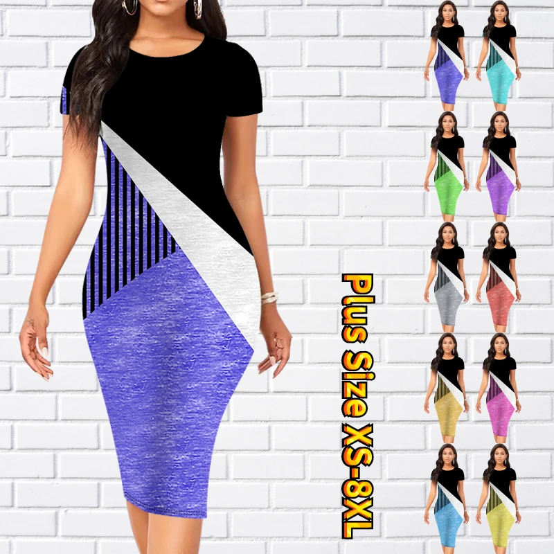 

Элегантная летняя юбка до колен, Женская юбка с коротким рукавом и 3D принтом, платье с круглым вырезом, модная повседневная облегающая юбка