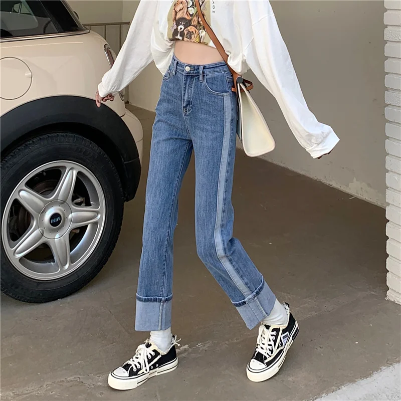 

DD1663 New high-waist slim fit and slim stitching contrast color rolled edge cropped jeans