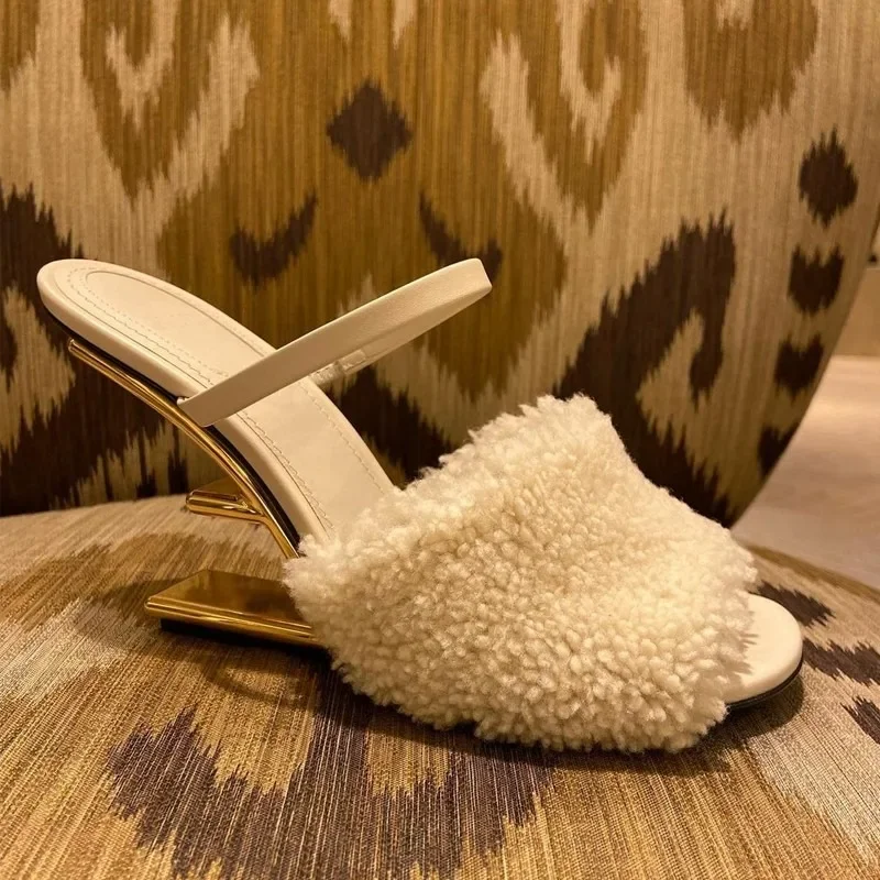 Туфли женские с открытым носком меховые сандалии-гладиаторы классические