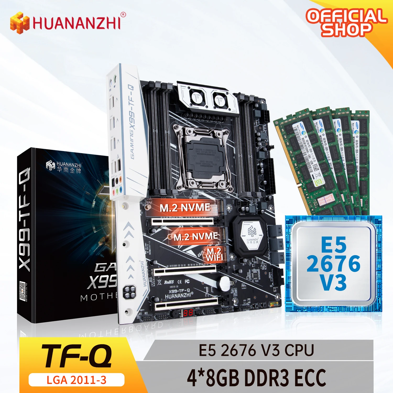 HUANANZHI X99 TF Q X99 Motherboard with Intel XEON E5 2676 V3 with 4*8G DDR3 RECC memory combo kit set SATA 3.0 USB 3.0