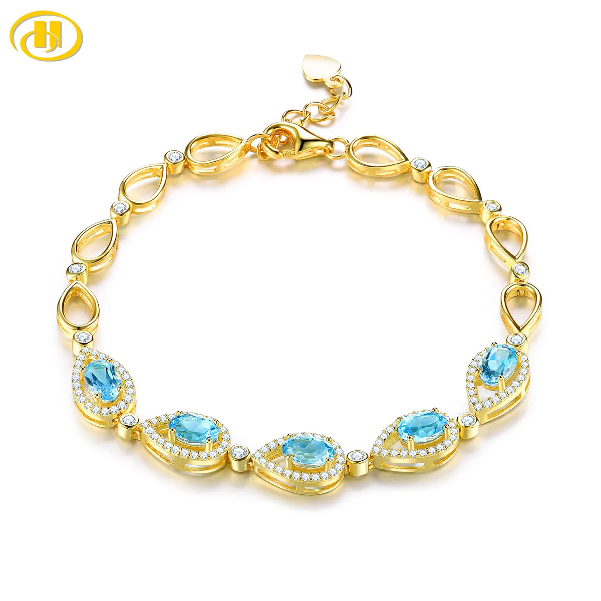 

Женский позолоченный браслет с натуральным голубым топазом, серебряный и желтый браслет с натуральным драгоценным камнем 3,8 карат, роскошн...