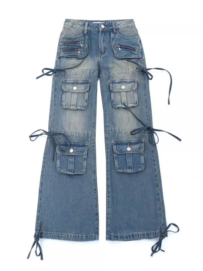 

Y2K Streetwear Harajuku Baggy multi-pocket blue denim overalls Low-rise wide-leg jeans 2000 aesthetic Kpop