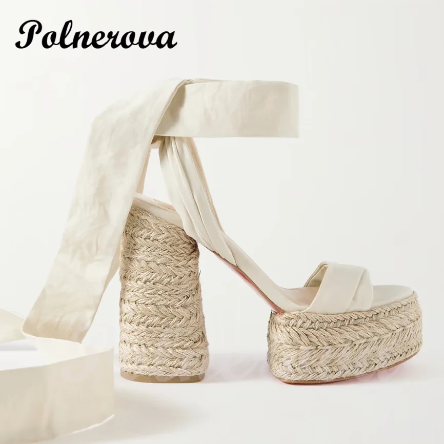 Blue Denim Platform Espadarille Ankle Straps Sandals Riband Slingback Orange Thick Heel Cloth Belt Open Hollow Strap Casual Shoe