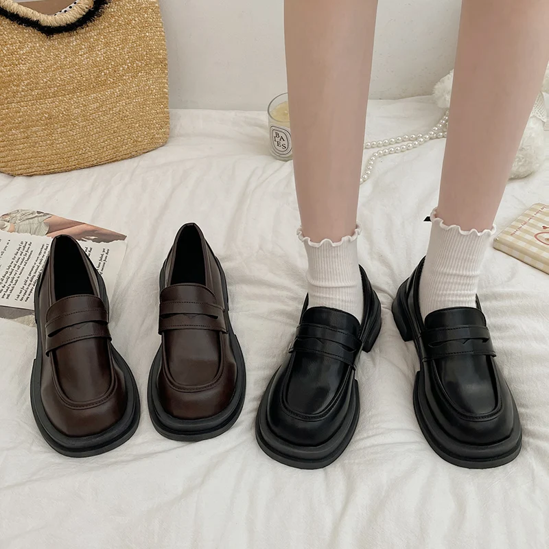 

Туфли женские с круглым носком, повседневные лоферы, без застежки, мех, оксфорды, платформа, плоская подошва, клоги, в британском стиле, осень