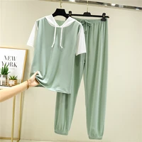 hooded short sleeve top and cropped pants trousers set women 2021 summer thin casual loose homewear set oversized pajamas set
