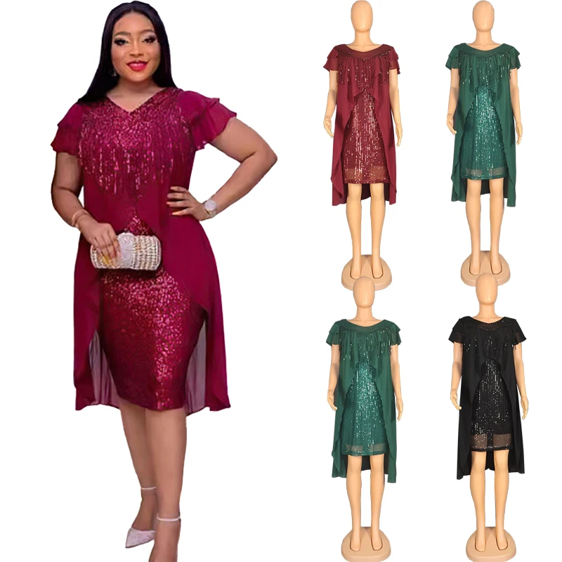 

Plus Size Evening Party Dresses Women African Bodycon Sexy Dinner Gown Sequin Tassel Luxury Dubai Abaya Kaftan Maxi Dress 2022