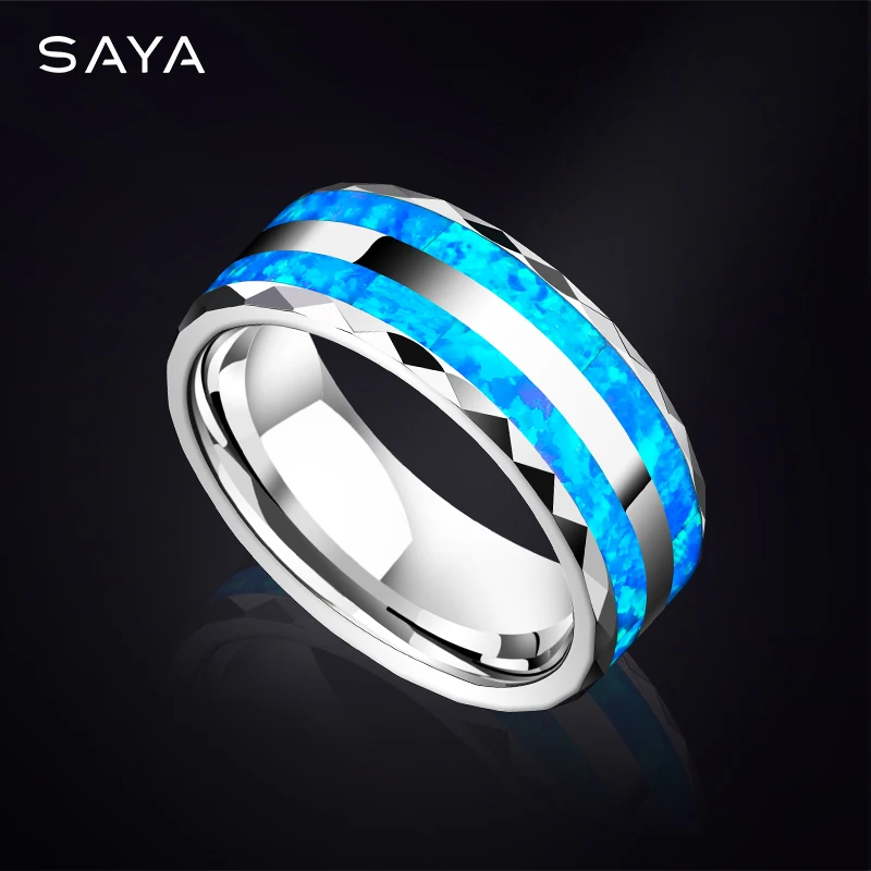 2022 Tungsten Ring for Wedding Inlay Two Pcs Blue Opal 8mm Width Personalized Jewelry for Women Men, Free Shipping, Engraving