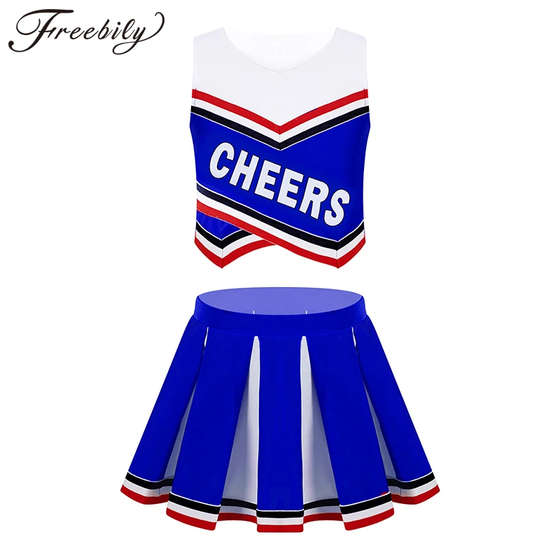 

Kids Girls Cheerleading Outfits Sleeveless Letter Print Vest Crop Top and Pleated Skirt Set Jazz Dance Costume for Party Stage