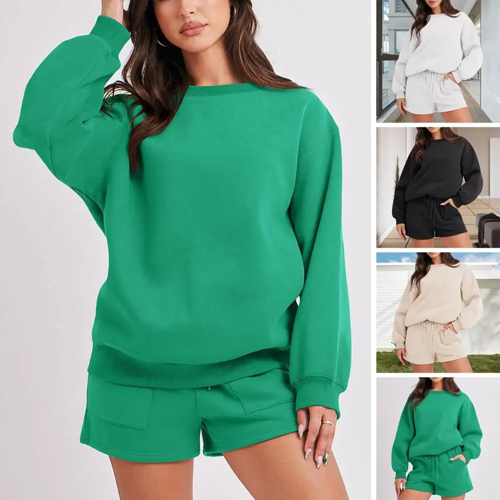 

Women Sweatshirt Shorts Srt Versatile Women's Sweatshirt Shorts Set Comfy Solid Color Suit with Drawstring Waist for Fall/spring