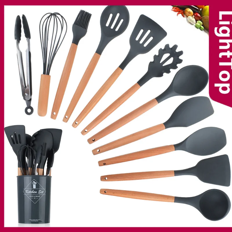 

Best Silicone Cooking Utensil Set Wooden Handle Spatula Soup Spoon Brush Ladle Pasta Colander Non-stick Cookware Kitchen Tools