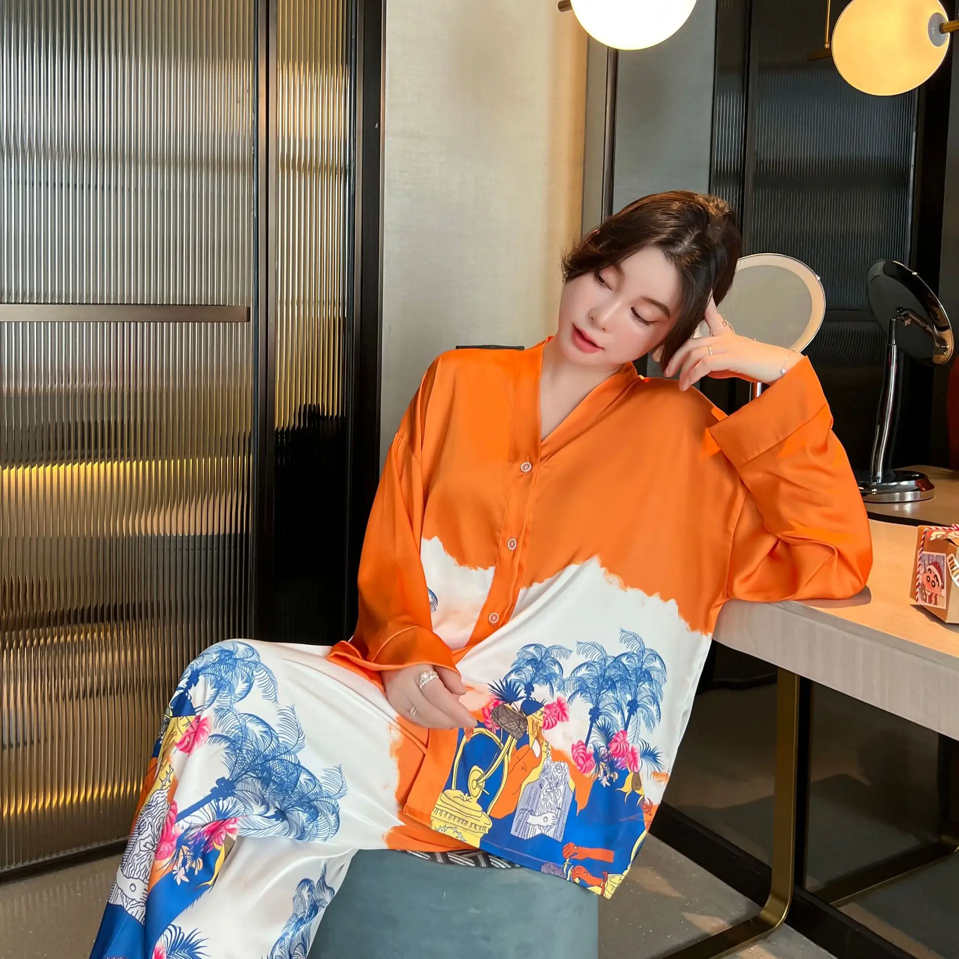 NEW Women's Pajamas Set Luxury Orange Coconut Print Sleepwear Silk Like Homewear V Neck Nightwear Leisure Loungewear