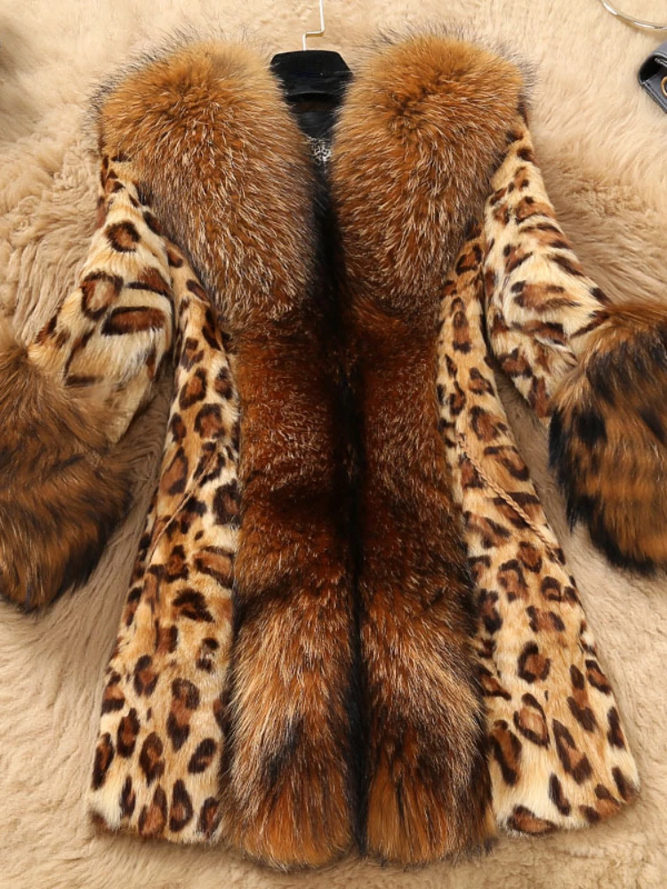 Women Faux fox Fur Coat Winter Leopard Thick Fluffy Long Sleeve Warm Outerwear Luxury Fur Jacket Elegant Mujer Bontjas Coats