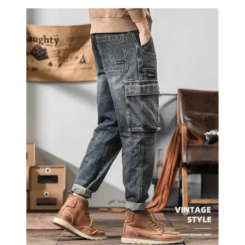 Streetwear Men 2022 New Pattern Vintage Recreational Bluish Grey Jeans Loose Straight Cylinder Broad Leg Trousers Autumn Female