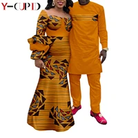 african men outfits dashiki top and pants sets match women ruffles sleeve print long dresses african couple clothes y22c015