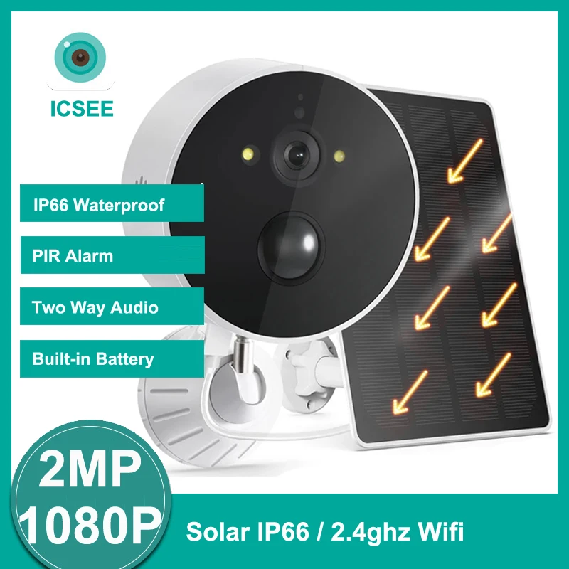 

ICSEE 2MP Solar Wifi Camera 4000mAh Rechargeable Battery PIR Alarm Human Detection IP66 Waterproof Two Way Audio Outdoor Camera