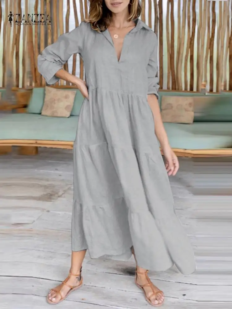 

ZANZEA Full Sleeve Lapel 100% Cotton Sundress Women Elegant Solid Color Mid-Calf Length Shirt Dress Elegant Casual Vintage Robe