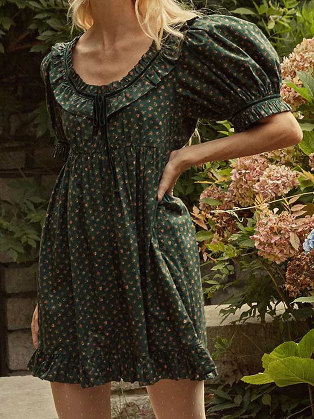 

New French Green Floral Summer Dress Women Puff Sleeve Ruffle Peter Pan Collar High Waist Fashion Mini Dress 2022 Party Vestido