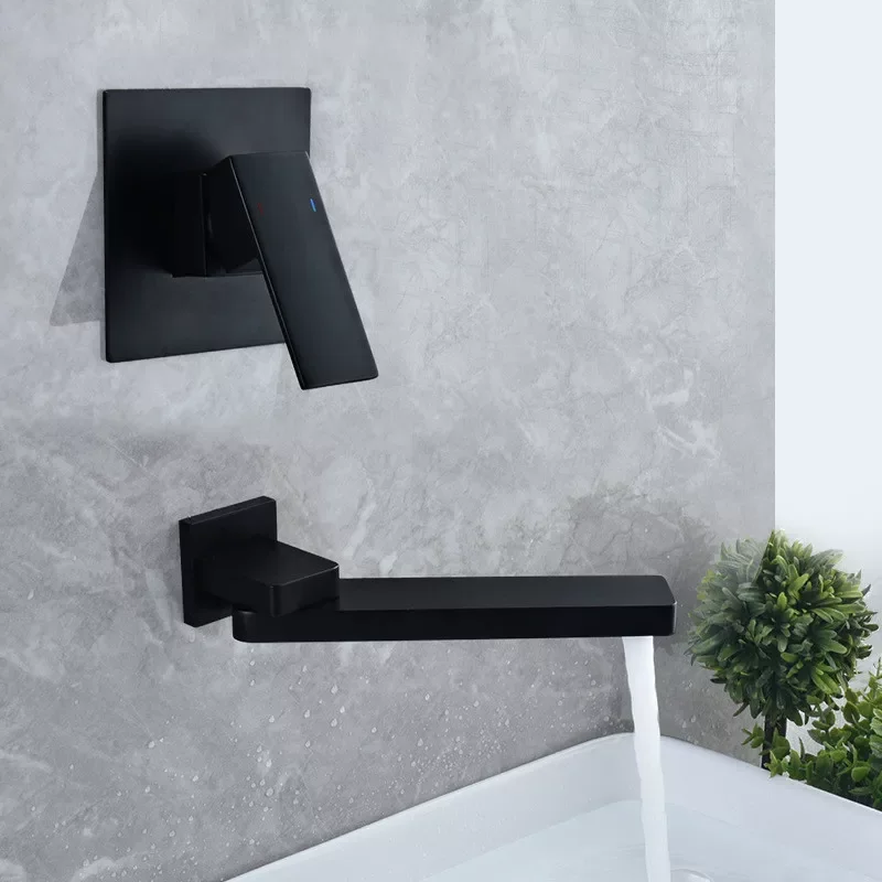 

Black Basin Faucet Long Spout Cold and Hot Brass Can Be Rotated Two Holes Wall Install Easy to Install