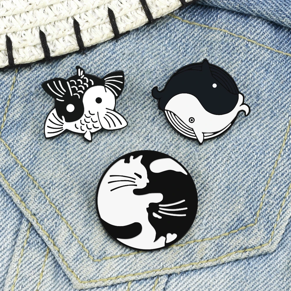 Эмалированная булавка Tai Chi Yin Yang для пары черных и белых кошек в стиле кои с искусственными чернилами китайская живопись значок ювелирные изделия подарок для друзей