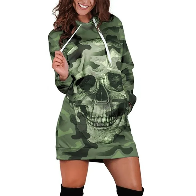 

Camouflag Skull Sweatshirt Dress Women Long Sleeve Casual Hooded Pullover Print Mini Dress Vestido De Mujer Hip-Hop Coat Hoodie