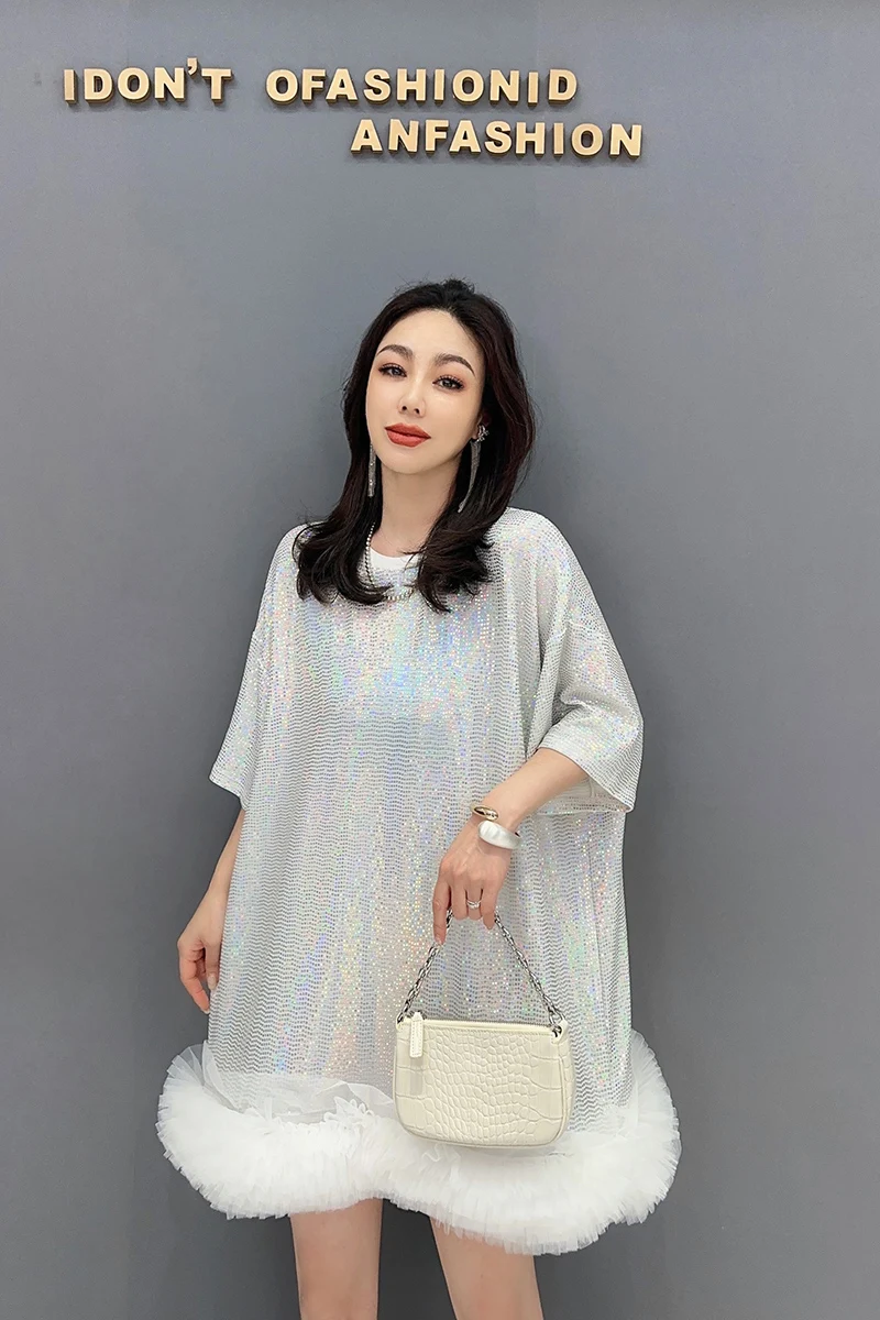 Женское платье с юбкой и блестками Длинное свободное платье-футболка оборками в