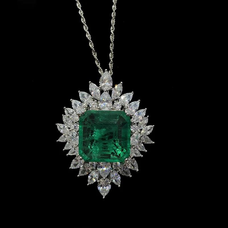 

ZOCA Luxury 925 Sterling Silver Radiant Cut Emerald High Carbon Diamond Gemstone Pendant Necklaces Party Fine Jewelry