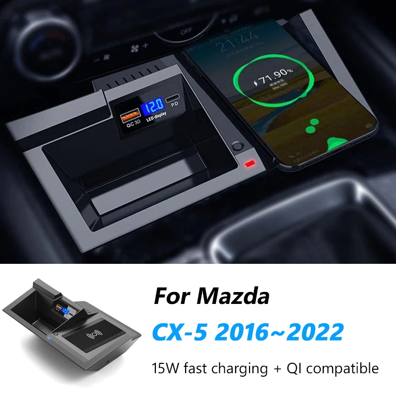 Car QI Wireless Charger For Mazda CX-5 2016-2022 Fast Charge Accessories Central Control Cigarette Lighter Interior Modification