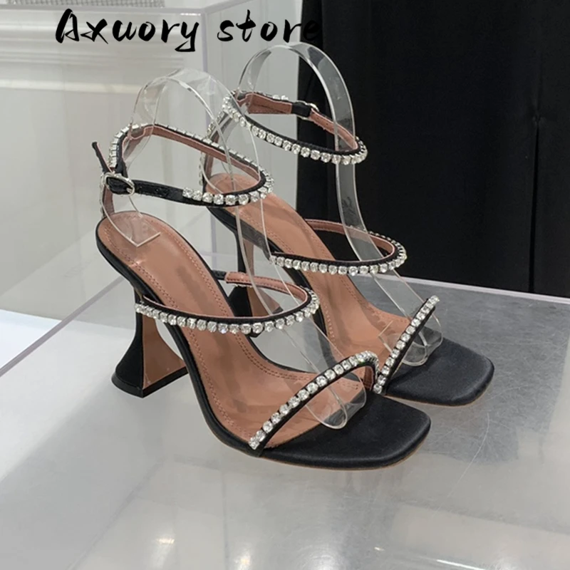 New Open Toe High Heels Women Women's Sandals with One Strap New Fairy Fashion All-Match Square Toe Rhinestone