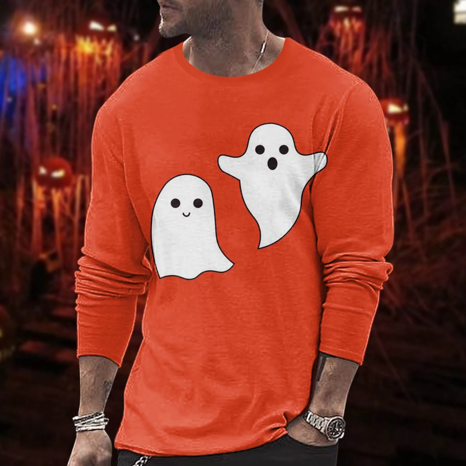 

Футболка мужская с рисунком призрака, милый страшный Топ с длинным рукавом и графическим принтом, уличная одежда в стиле хип-хоп