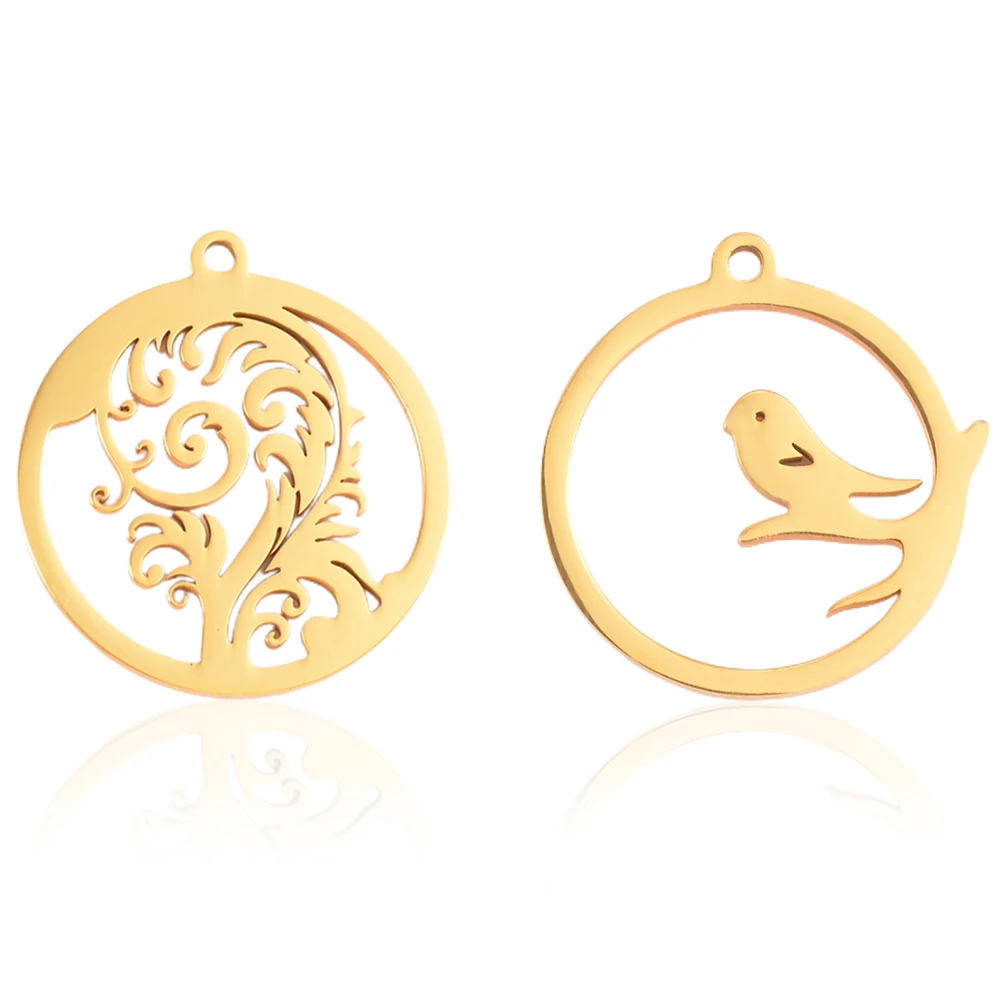 5pcs Round Craft Hollow Flower Bird Pendants Stainless Steel for DIY Vintage Earrings Necklace Charm Jewelry Making Accessories