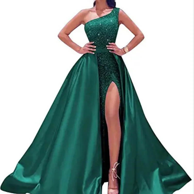 

Sexy Satin One-Shoulder Prom Dresses A-Line Sleeveless Sweep Train Side Slit Sequin Evening Dress Long Gowns for Party Night