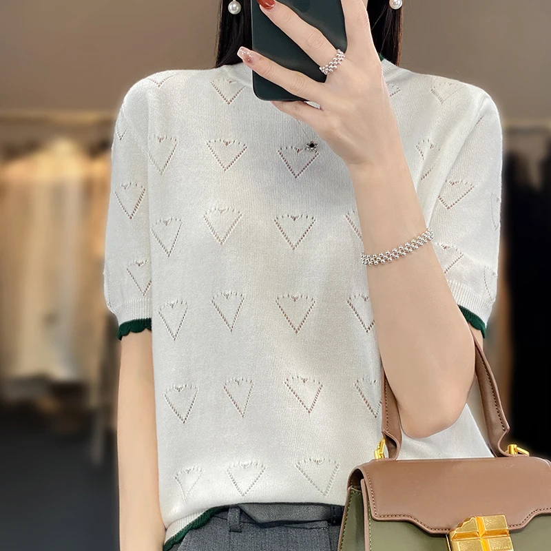 

Summer new 100% cotton T-shirt women's O-neck pullover vest knitted hollow short sleeve casual loose contrast fashion top