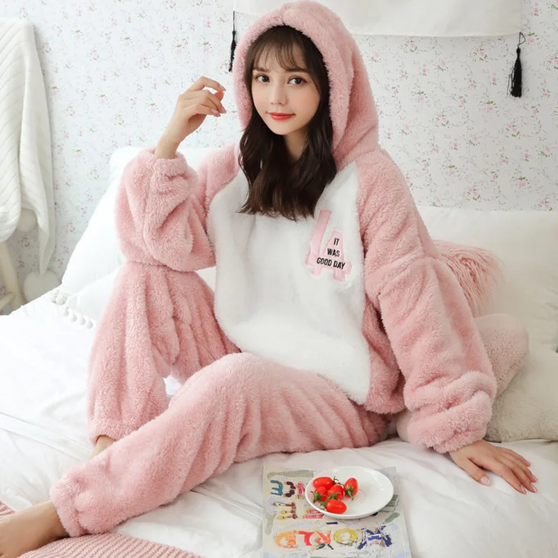 2022 Winter Warm Flannel Women Pajamas Set Autumn Pyjamas Sets Thick Coral Velvet Long Sleeve Cartoon Sleepwear Home Wear
