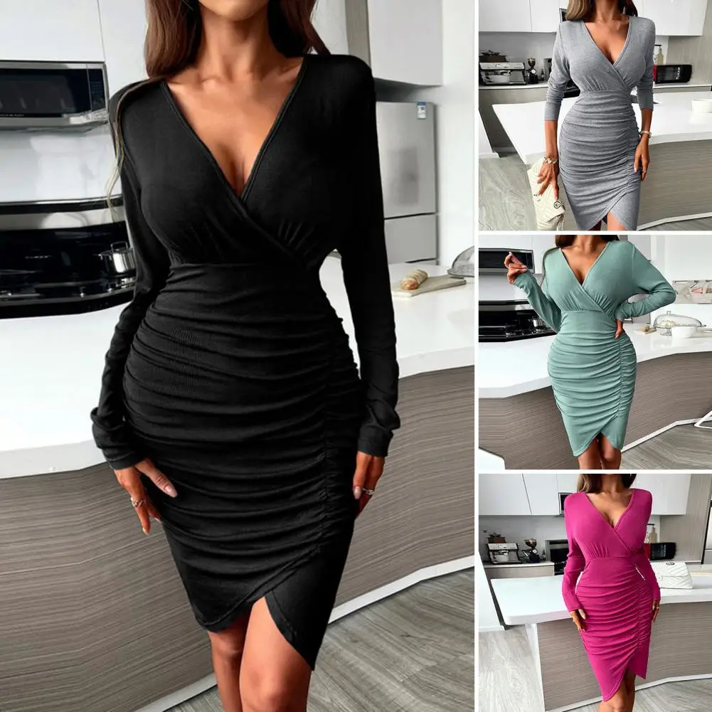 

Elegant V-neck Long Sleeve Waist Tight Hip Wrap Solid Color Elegant Dress Autumn Winter Sexy Ruched Split Hem Bodycon Dress