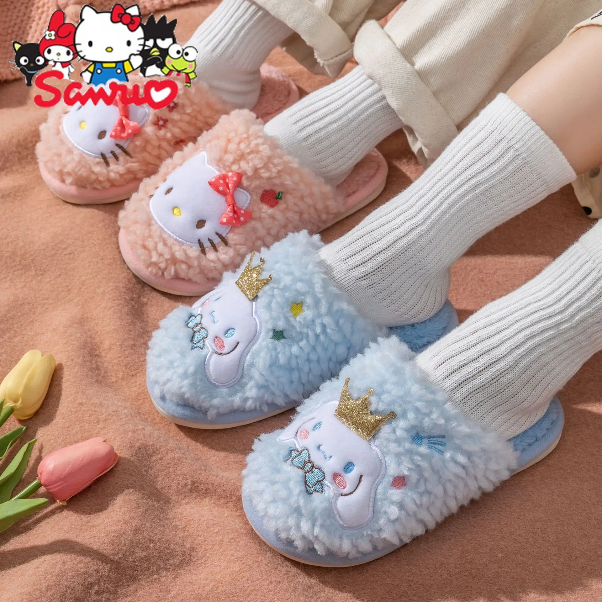 

Sanrio Melody Kuromi Hello Kitty Cinnamoroll почтовые хлопковые нескользящие теплые домашние и зимние меховые тапочки для родителей и детей девочек