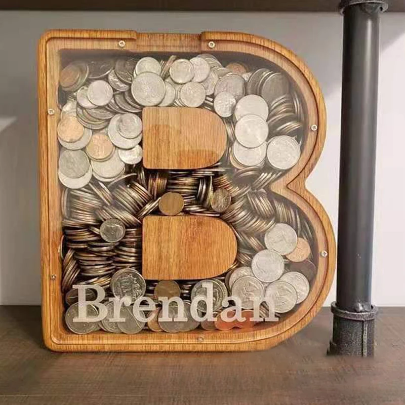 

Twenty-six English Alphabet Piggy Bank Wooden Coin Money Saving Box Jar Coins Storage Box Desktop Ornament Home Decor Crafts