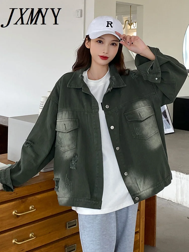 2022 Spring New Fashion Denim Jacket Women's Retro Old Ripped Hole Tie-Dye Loose Casual Long-Sleeved Clothing |