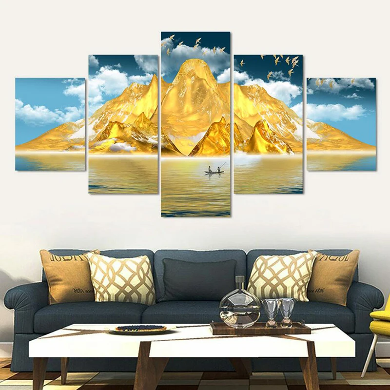 Скандинавский ландшафт золотая гора озеро корабль картина 5 панелей алмазная